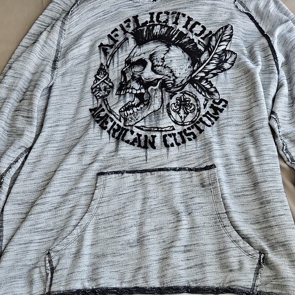 Affliction Men's XL Pullover Hoodie Gray Black Skull Graphic Motorcycle Design